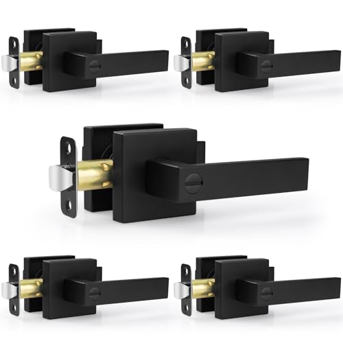 Estmoon 5 Pack Door Handles Black Interior Door Knobs, Home Improvement Keyless Privacy Door Lock, Heavy Duty Zinc Alloy 2.07 lb Door Leverset for Bedrooms Bathrooms
