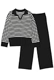 Pink Queen 2025 Winter Sweater Sets for Women 2 Piece Long Sleeve Collar V Neck Sweatsuit Knitted Stripe Pajamas Black L