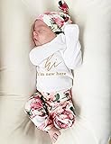 KANGKANG Newborn Girl Clothes Baby Girl Clothes Hi Im New Here Newborn Outfit Romper + Floral Pants + Headband + Hat New Born Clothes Baby Girl 4PCS Set