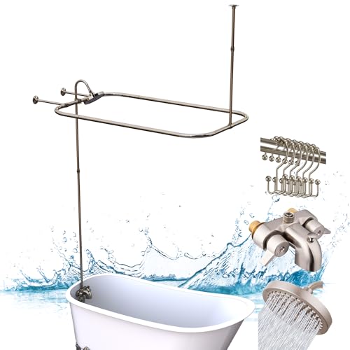Pyhomestrim Clawfoot Tub Shower Kit, Add On Shower Units With Bathcock Diverter Faucet and 48" X 27“ Rectangular Claw foot Tub Shower Curtain Rod Kit,Claw foot Tub Shower Faucet Set,Brushed Nickel