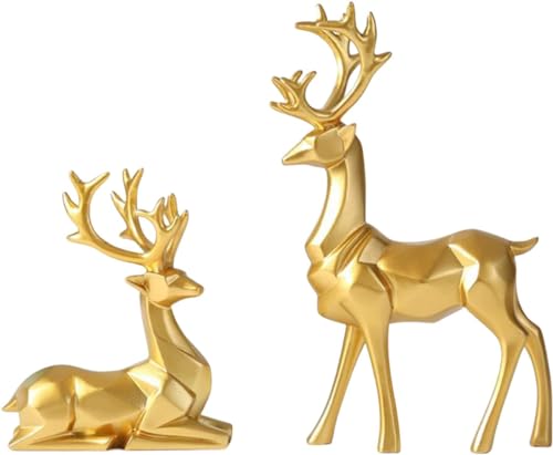 Nordic Style Origami Elk Deer Statues Sitting Standing Reindeer Figurines Ornaments for Living Room TV Wine Cabinet Home Decor Gifts (A Pair) (Gold)