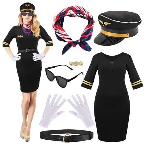 Xtinmee 7 Pcs Halloween Flight Attendant Costume Women's Pilot Captain Cosplay Accessories Pilot Hat Pilot Role Outfits(Black,M)