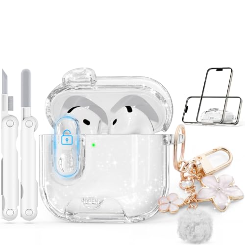 Skyconser with Safety Lock for Apple AirPods 4 Case 2024,Clear Cases with Phone Stand & Cleaning Kit,Soft TPU Cover for AirPods 4th Generation Case,Cute Bling Keychain for Women Girls-Clear Glitter