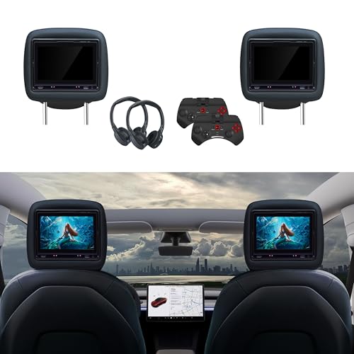 THEVRSE 8 Inch Interactive Dual Screen Headrest System for Tesla Model-Y-3 Rear Seat Entertainment (2 Pack, OEM Black with 2 PCS IR Headphones & Game Controllers)