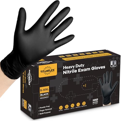 TitanFlex Disposable Nitrile Exam Gloves, 6-mil, Black, Medium 100-ct Box, Heavy Duty Disposable Gloves, Cooking Gloves, Mechanic Gloves, Latex Free Gloves, Food Safe Rubber Gloves for Food Prep