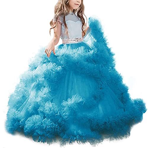 Stunning V-Back Luxury Pageant Tulle Ball Gowns for Girls 2-12 Year Old Blue,Size 12