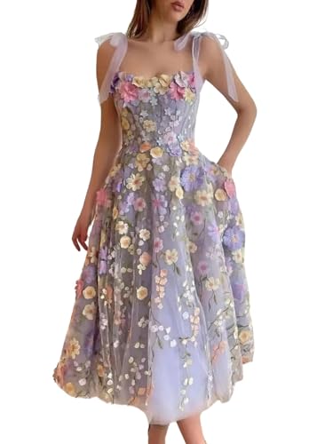 ebossy Women's 3D Floral Tie Strap Tulle Prom Dresses 2024 Summer Fairy Embroidery Lace Applique Party Mini Princess Dress (X-Large, Purple-Maxi)