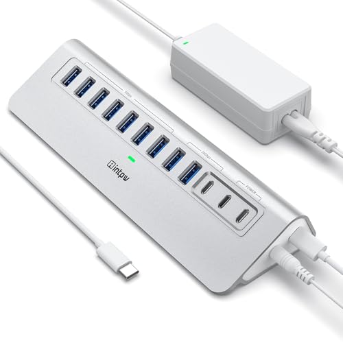 Powered USB Hub 10Gbps, intpw 12 Port USB C Hub with 10Gbps USB C 3.2, 2 USB A 3.2, 7 USB 3.0, 2 PD 45W Charging Ports, 65W Power Adapter and 3.3FT Cable, Aluminum USB Hub for Laptop, iPhone16/15, PC