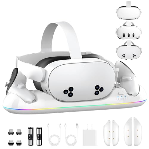 Foscomax Charging Dock for Meta Quest 3S/3/2, 20W Magnetic Charging Station for Oculus Quest 3S/3/2 Accessories with Rechargeable 2X2100mAh Batteries, RGB Charging Stand for VR Headset & Controllers