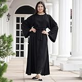 OLEMEK Kaftan Kaftan Abayas for Women Muslim Maxi Dress Dubai One-Piece Loose Full Cover Ethnic Eid Dress Elegant Belted Pleated Long Dress Black XL