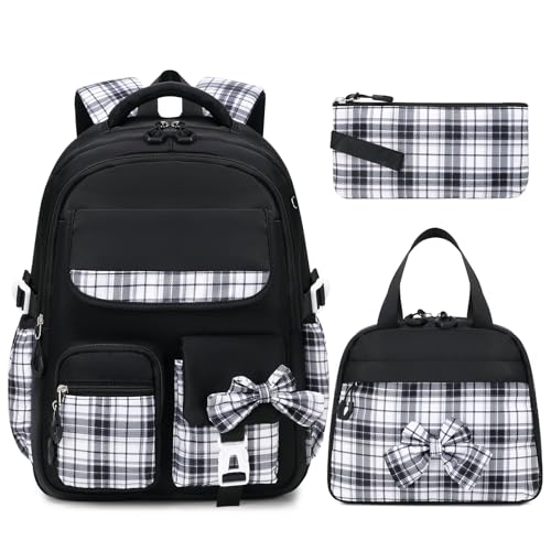GeeWin School Backpack for Girls, Bookbags School Bag for Teen Girl Elementary Middle Schools Student, Cute Stylish Plaid Girls Backpack with Matching Insulated Lunch Bags & Pencil Bag(Black)
