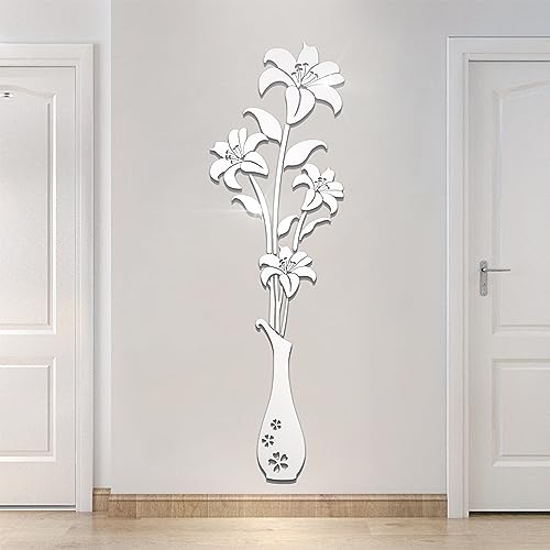 HNVNER Mirror Wall Decals - 3D Flower Wall Stickers Murals for Living Room Bedroom,DIY Walls Decor for TV Background and Sofa Backdrop (L, Mirror Silver)