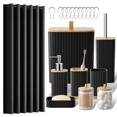 Z ZONAMA Bathroom Accessories Set - 22PCS Black Bathroom Set with Shower Curtain, Trash Can, Toilet Brush Holder Set & Soap Dispenser – Stylish & Functional Bath Decor for Home, Apartment