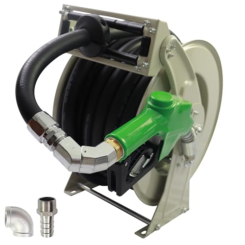 SWANGET 1"x50' Fuel Hose Reel & Fuel Nozzle & Fuel Hose Swivel,Spring Driven Retractable Diesel Hose Reel,Inlet 1" NPT Thread,Oulet 1" NPT Thread Swivel,Heavy Duty Steel Construction Reel