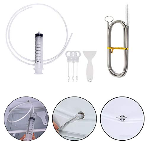 MUAECH 7 Pcs Refrigerator Drain Hole Clog Remover Cleaning Tool,Reusable Fridge Dredging Kit,Include Cleaning Syringe, 60IN Hose,3 Plunger, 1 Shovel, 1 Long Flexible Refrigerator Scrub Brush