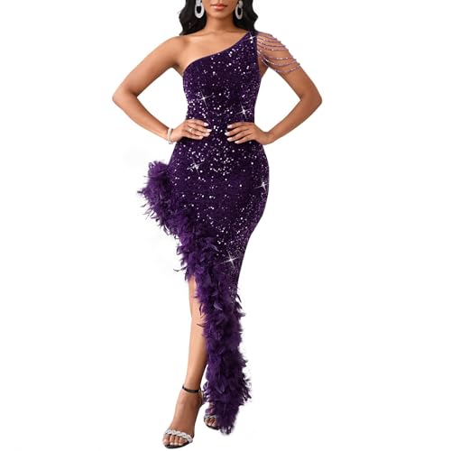 Cololura Women Sequin Elegant Sexy Tassels One Shoulder Mermaid Bodycon Cocktail Evening Midi Party Formal Dress