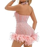 NIKBK Sexy Feather Rhinestone Backless Mesh Sheer Burlesque Outfit Nightout Clubwear Birthday Party Dress