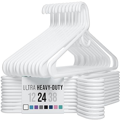NEATERIZE Ultra Heavy Duty Plastic Clothes Hangers - White - Durable Coat, Suit and Clothes Hanger. Perchas De Ropa (24 Pack - White)