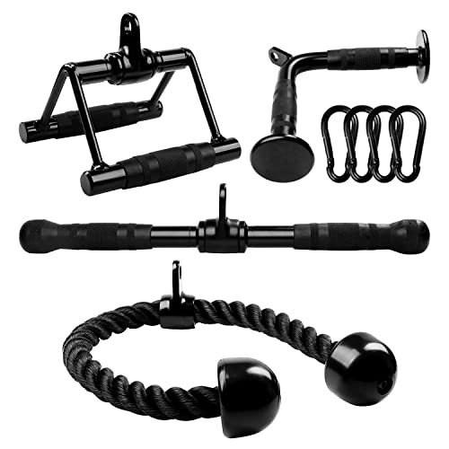 Yes4All Black Combo Tricep Pull Down Rope, Double D Handles, V-Shaped Bar & Rotating Pull Down Straight Bar, Tricep Press Down Cable Machine Attachment, LAT Pulldown Attachments for Home Gym Set