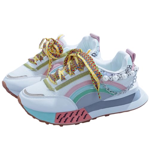 Kawaii Women's Rainbow Platform Sneakers with Pearl & Chain Decoration - Colorful Chunky Fashion Dad Shoes (Pink/White,9.5)