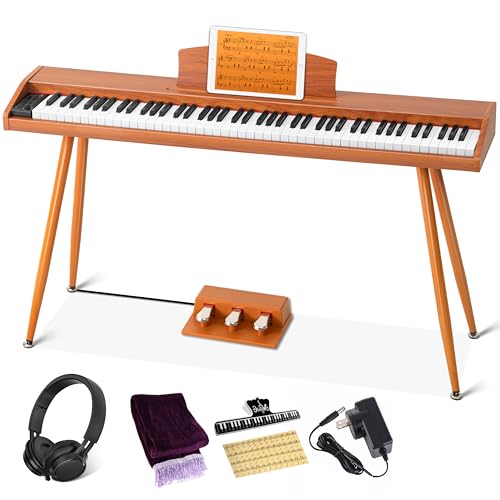 UISCOM Digital Piano Keyboard 88 Key Semi-Weighted for Beginners,Full Size Electric Piano with Stand,Triple Pedal,Adapter,Sheet Music Stand,Headphone,USB-MIDI Compatible,Wood Grain Brown