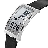 BERNY Men's Digital Sports Watch E-Ink Display Fashion LED E-Paper Watch Curved Dial Leather Band Watches with Two-time Zone Waterproof Wristwatches