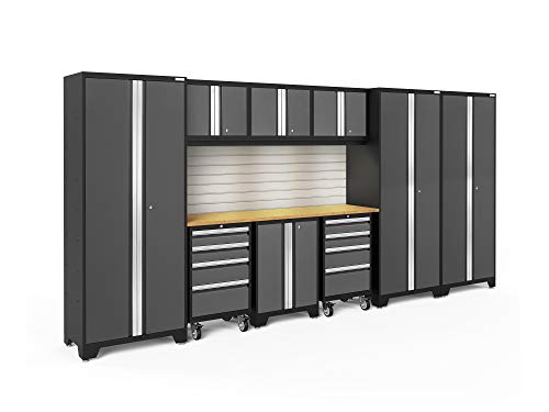 NewAge Products Bold Series Gray 10 Piece Set, Steel Garage Cabinets with Bamboo Worktop, 56031