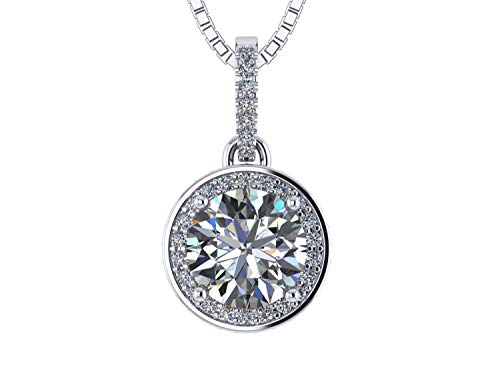 Central Diamond Center Round Halo Solitaire Necklace, Silver & Pure Brilliance Zirconia - 8mm Platinum Plated - 2.00ct