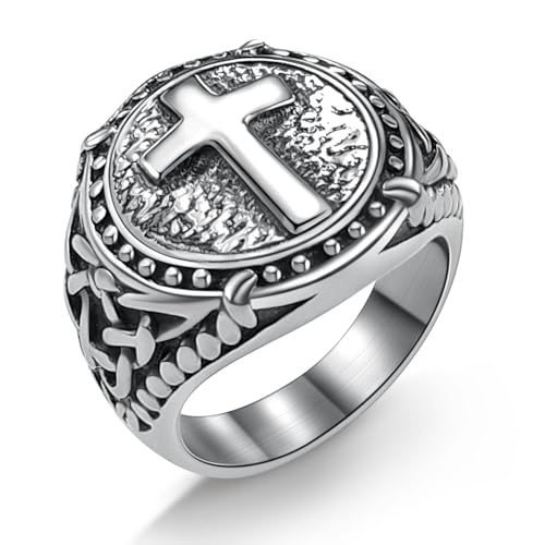 Oaldilee Mens Christian Cross Ring Stainless Steel Religious cross Shield Ring for Men,Size 11