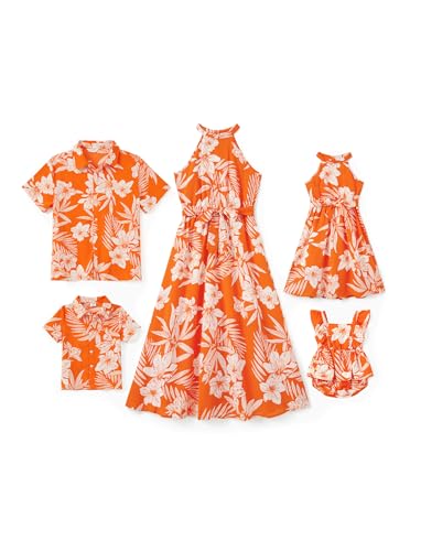 PATPAT Matching Hawaiian Outfits for Family Mommy and Me Hawaiian Dress Boho Beach Vacation Tropical Halter Neck Sundresses Matching Boy and Girl Outfits Orange Flower Dress for Girls 8-9 Years