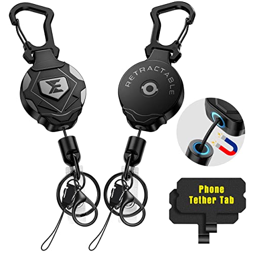 ELV Heavy Duty Retractable Keychain with Magnetic Closure and Carabiner, ID Badge Holder Retractable Clip, Badge Reel with 31" Dyneema Cord, Key Ring, Lobster Claw Clasp and Phone Tethers