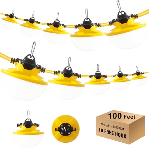 JC-LGL 100FT Construction String Light 130W 16000Lm, 5000K Industrial Grade LED String Work lights, IP65 Waterproof Temporary Lighting for Construction Sites, Renovation, Mine Cave, Job Site, Walkways