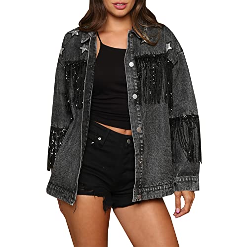 CYLADY Women's Diamond Rhinestone Denim Jacket Button Down Classic Loose Jean Trucker Jacket