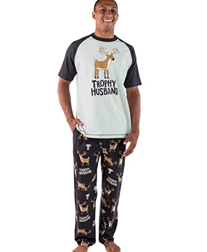 Lazy One Pajama Sets For Men, Short Sleeve Cotton Pajama Shirt and Pants with Funny Animal Prints, Comfy Pajamas For Men (Trophy Husband, XXL)