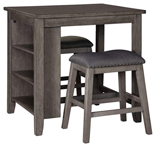 Signature Design by Ashley Caitbrook 25" Counter Height Dining Room Table Set with 2 Saddle Barstools & Storage, Gray