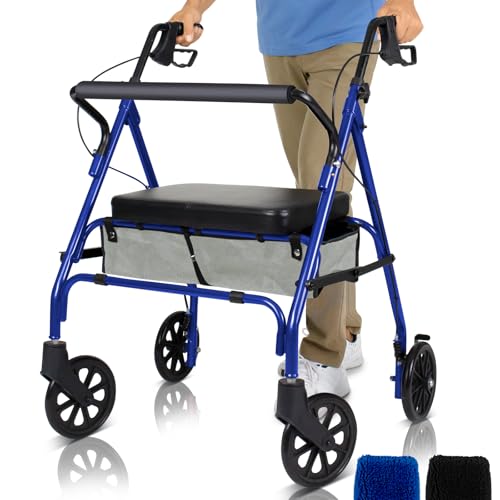 Vive Bariatric Rollator Walker for Seniors - 500 lbs Capacity - Rolling Walker with Seat Lightweight Easy Folding - Mobility Aids & Equipment - Adult Heavy Duty 4 Wheel with Brakes (Blue)