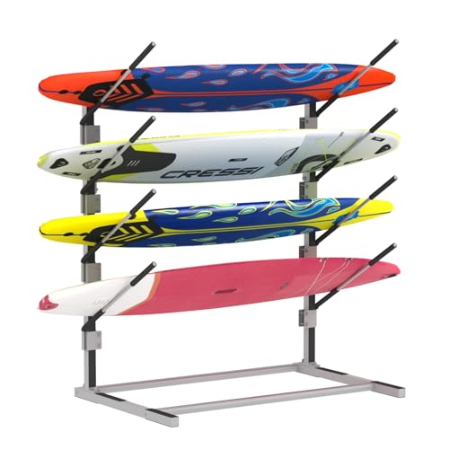 YAGEANNL 4-Tier Freestanding Surfboard Rack, Watersport Kayak and SUP Rack with Two Silicone Mat, Kayak Storage Rack for SUP, Surfboard, Paddle, Ski, Skateboards