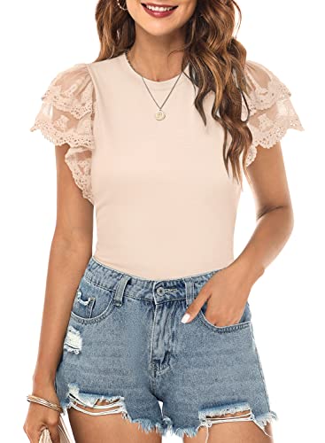 DOROSE Puff Sleeve Tops for Women Cute Top Ruffle Lace T Shirts Summer Blouses Oatmeal M