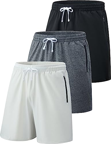 3 Pack: Mens Sweat Shorts Athletic Casual Jogger Shorts with Zipper Pockets, Terry Cloth Performance Tech Activewear (Set 2, Large)