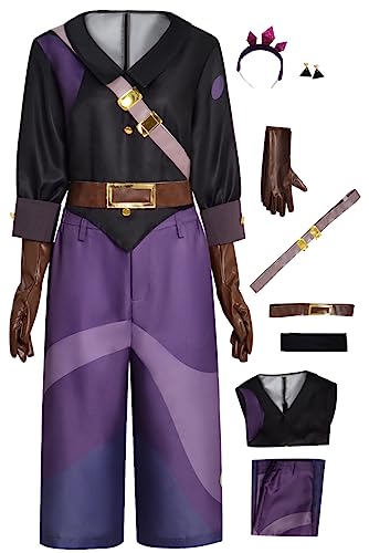 Girls Anime Owl House Cosplay Amity Blight Costume Battle Suit Luz Halloween Outfit Shirt Pants with Gloves (Purple- Adult, Medium)