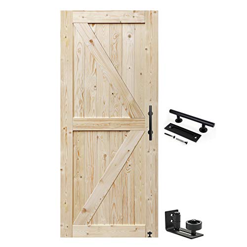 S&Z TOPHAND® 36in x 80in Barn Door, 20-60 in Unfinished British Brace Barn Door/Modern Style/Solid Wood/Simple Assembly is Required