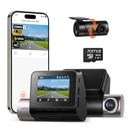 70mai Dash Cam Front and Rear A510,1944P+1080P with STARVIS 2 IMX675 and 64GB Card, Dash Camera for Cars, 4G LTE Support, ADAS, Built-in GPS WiFi, APP Control, HDR, 24H Parking Mode, Loop Recording