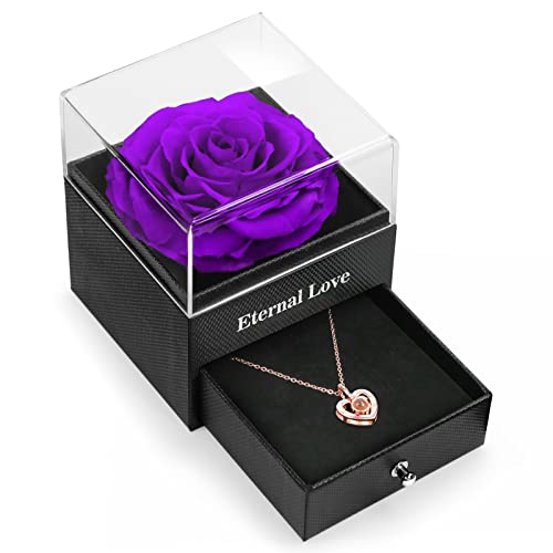 HEGUD Preserved Real Rose with I Love You Necklace in 100 language for Valentine's Day Gifts, Gift for Her, Girlfriend, Eternal Real Rose Flower for Women Mom Wife on Valentines Birthday Anniversaries