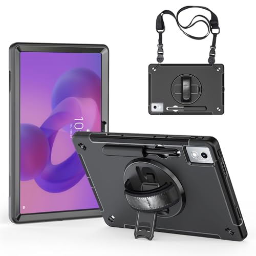 Junfire Protective Case for Lenovo Idea Tab Pro 12.7 inch 2025, Shockproof Hard Idea Tab Pro Case with 360°Rotating Kickstand/Hand Strap/Shoulder Strap/Stylus Holder-Black