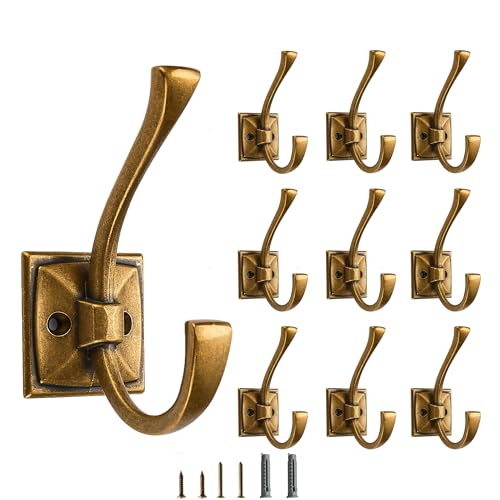 CABDM 5 Pack Decorative Heavy Duty Towel Hooks for Hanging Robe Double Vintage Antique Brass Coat Hooks Wall Mounted with Screws for Key, Towel, Bags, Cup, Hat