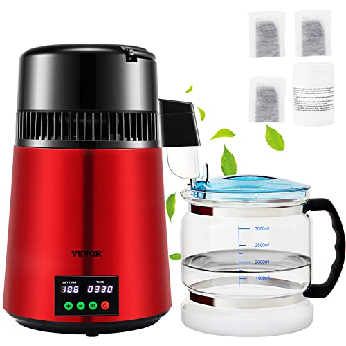 VEVOR 1.1Gal Water Distiller, 0.3Gal/H, Distilled Water Maker Machine 750W 0-99H Timing Setting Temp Display, 304 Stainless Steel Countertop Distiller Glass Carafe Cleaning Powder 3 Carbon Packs, Red