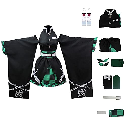 Juejuezi New Zenitsu Tanjirou Cosplay Costume Anime Kimono Halloween Off Shoulder Skirt Shinobu Outfit With Earings (S, Green)