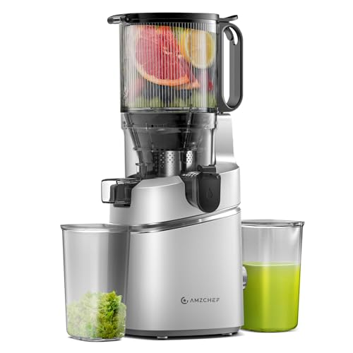 Juicer Machines, AMZCHEF 5.3-Inch Self-Feeding Masticating Juicer Fit Whole Fruits & Vegetables, Cold Press Electric Juicer Machines with High Juice Yield, Easy Cleaning, BPA Free, 250W-Silver