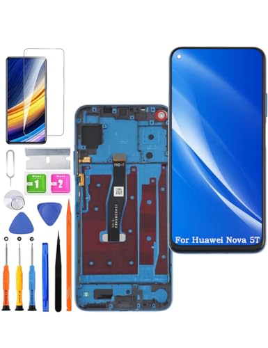 Screen Replacement for Huawei Nova 5T Original, YAL-L21 YAL-L61 LCD Touch Panel Display Digitizer Assembly Repair Parts with Kit（Blue with Frame）
