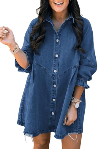 Sidefeel Womens Smocked 3 4 Sleeve Button Down Denim Jeans Dresses X-Large Blue